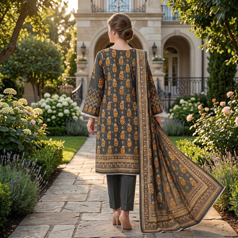 Olive Grey Botanic Printed Lawn — 3 Piece Unstitched