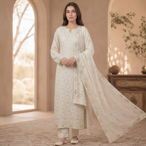 Off-White Pure Lawn 3-Piece Suit | Gold Geometric Handmade Embroidery | Laser Cut & Stone Work | Party Wear