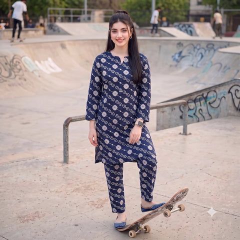 2 Pc Unstitched Digital Printed Lawn Suit - Navy Blue Geometric Print