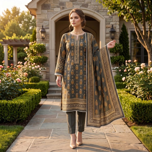 Olive Grey Botanic Printed Lawn — 3 Piece Unstitched