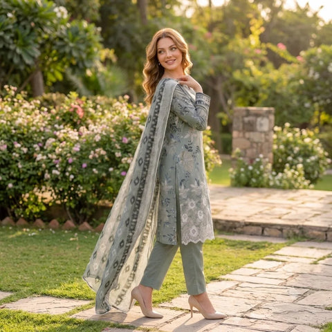 Silver Grey Chikankari Lawn — 3 Piece Unstitched