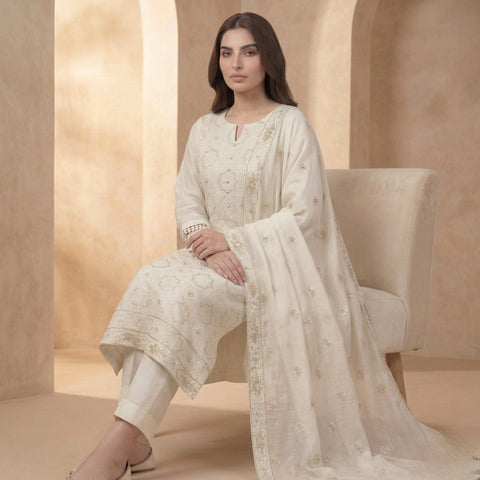 Off-White Pure Lawn 3-Piece Suit | Gold Geometric Handmade Embroidery | Laser Cut & Stone Work | Party Wear