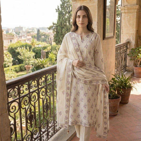Cream Pure Lawn 3-Piece Suit | Purple Floral Handmade Embroidery | Laser Cut Border & Stone Work | Party Wear