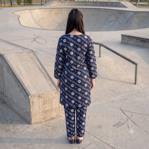 2 Pc Unstitched Digital Printed Lawn Suit - Navy Blue Geometric Print