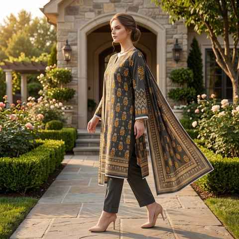 Olive Grey Botanic Printed Lawn — 3 Piece Unstitched