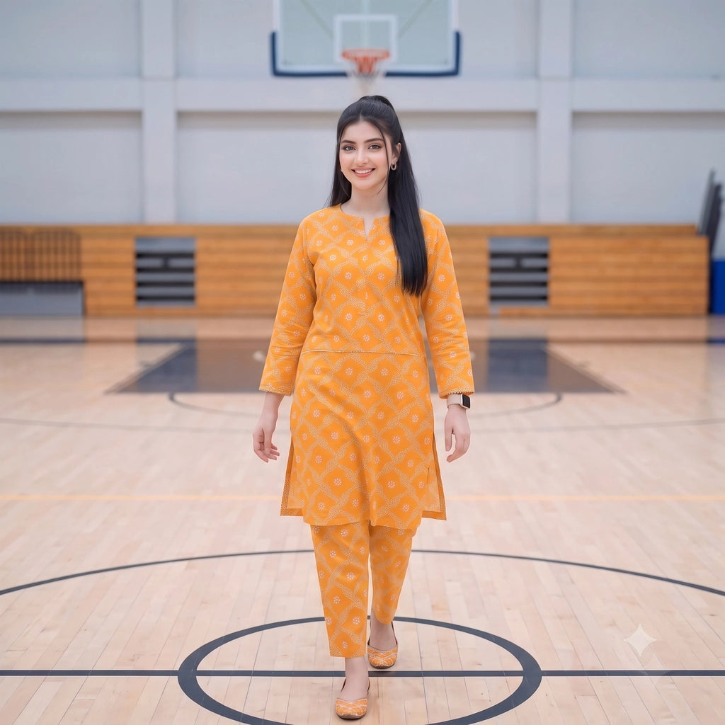 2 Pc Unstitched Digital Printed Lawn Suit - Mustard Yellow