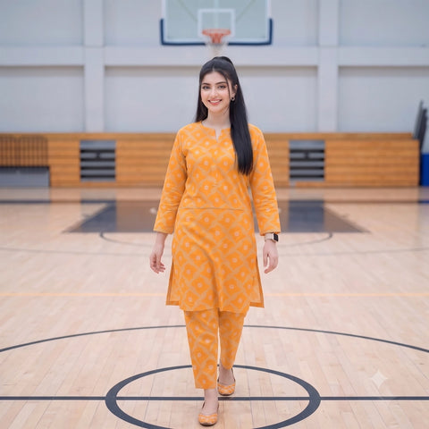 2 Pc Unstitched Digital Printed Lawn Suit - Mustard Yellow