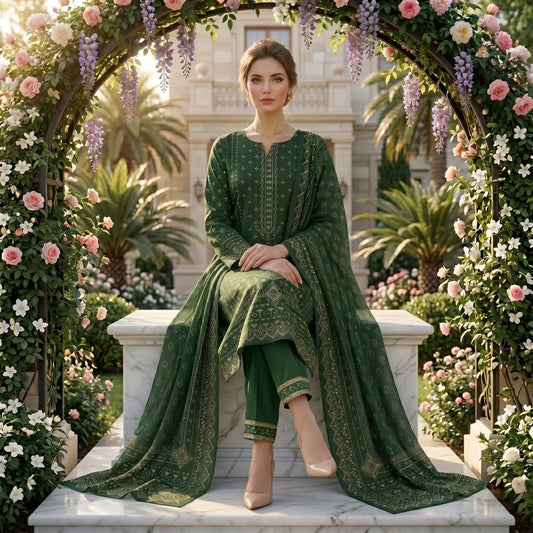 Forest Green Motif Printed Lawn — 3 Piece Unstitched