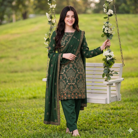 Bottle Green Embroidered Party Suit — 3 Piece