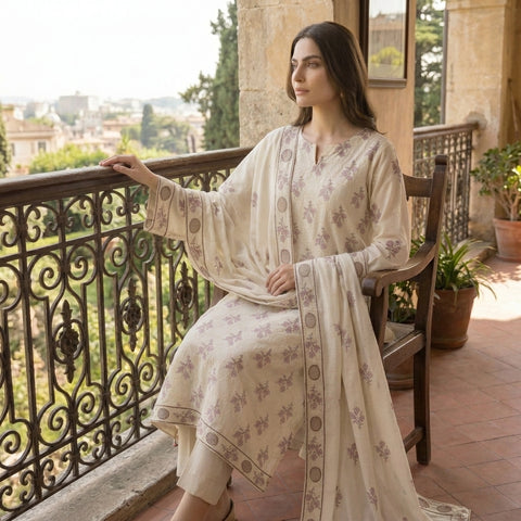 Cream Pure Lawn 3-Piece Suit | Purple Floral Handmade Embroidery | Laser Cut Border & Stone Work | Party Wear