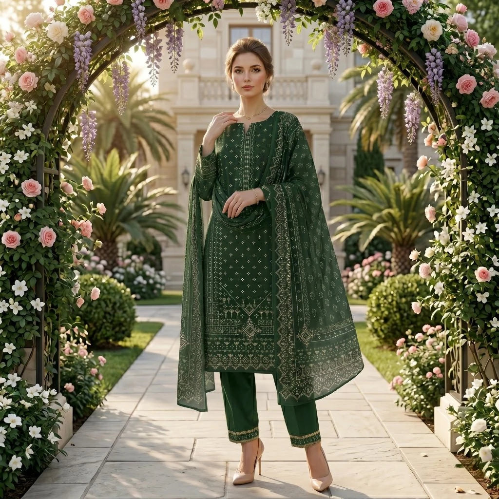 Forest Green Motif Printed Lawn — 3 Piece Unstitched