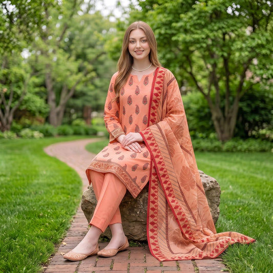 Peach Coral Digital Printed Lawn 3-Piece Suit — Maroon Paisley Print