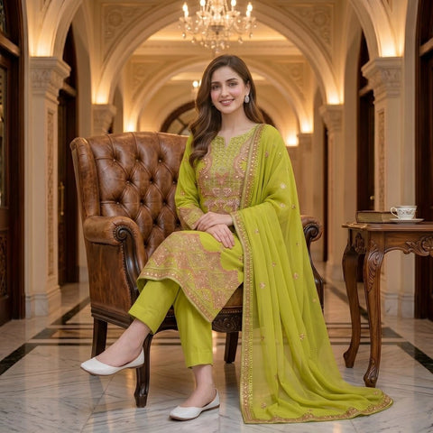 Mehndi Green Embroidered Party Suit — 3 Piece