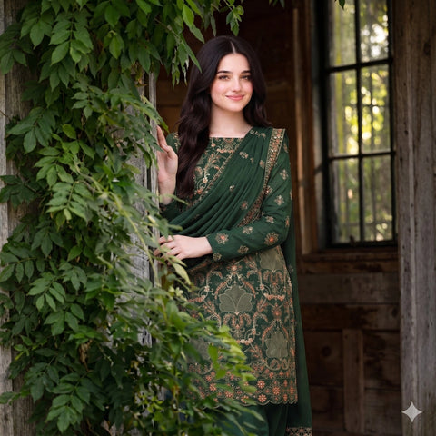 Bottle Green Embroidered Party Suit — 3 Piece