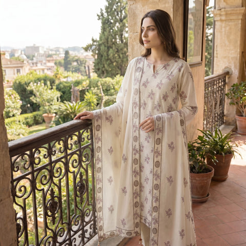 Cream Pure Lawn 3-Piece Suit | Purple Floral Handmade Embroidery | Laser Cut Border & Stone Work | Party Wear