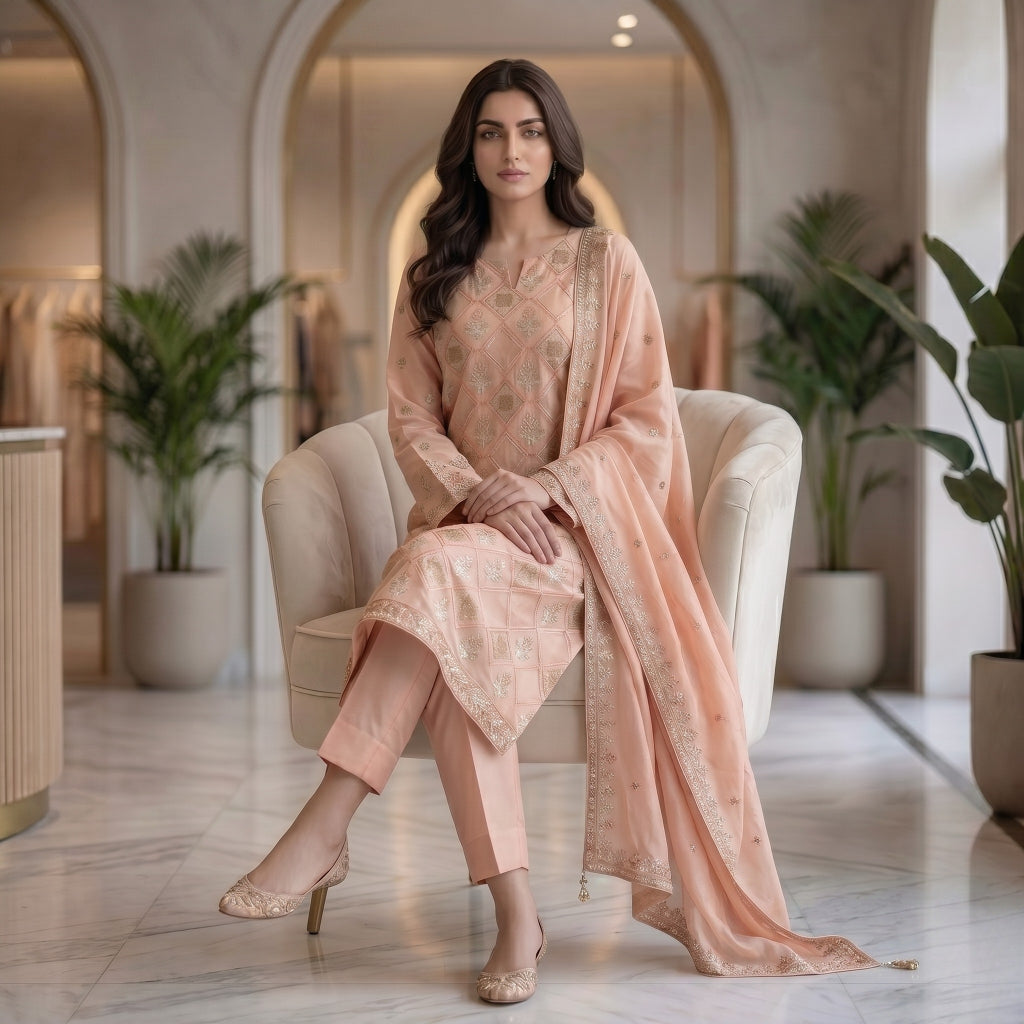 Peach Pure Lawn 3-Piece Suit | Diamond Lattice Handmade Embroidery | Laser Cut & Stone Work | Party Wear