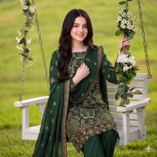 Bottle Green Embroidered Party Suit — 3 Piece