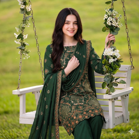 Bottle Green Embroidered Party Suit — 3 Piece