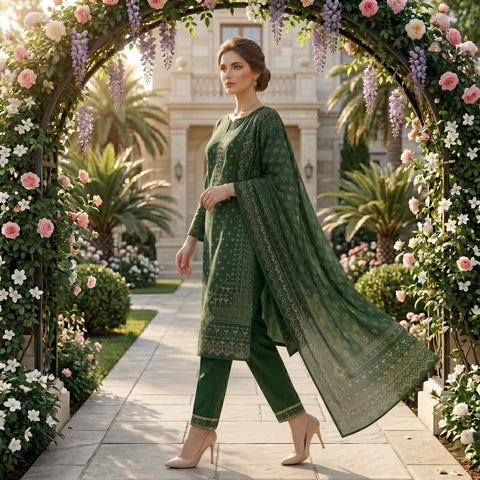 Forest Green Motif Printed Lawn — 3 Piece Unstitched