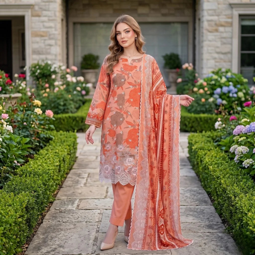 Peach Coral Chikankari Lawn — 3 Piece Unstitched