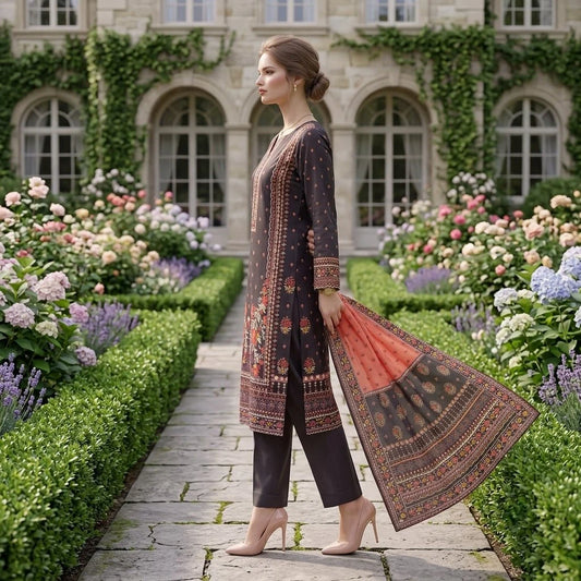 Dark Charcoal Floral Printed Lawn — 3 Piece Unstitched