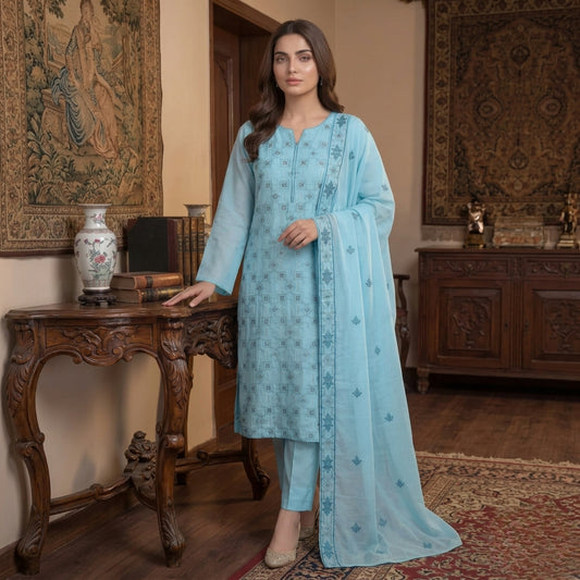 Sky Blue Pure Lawn 3-Piece Suit | Geometric Handmade Embroidery | Laser Cut & Stone Work | Party Wear