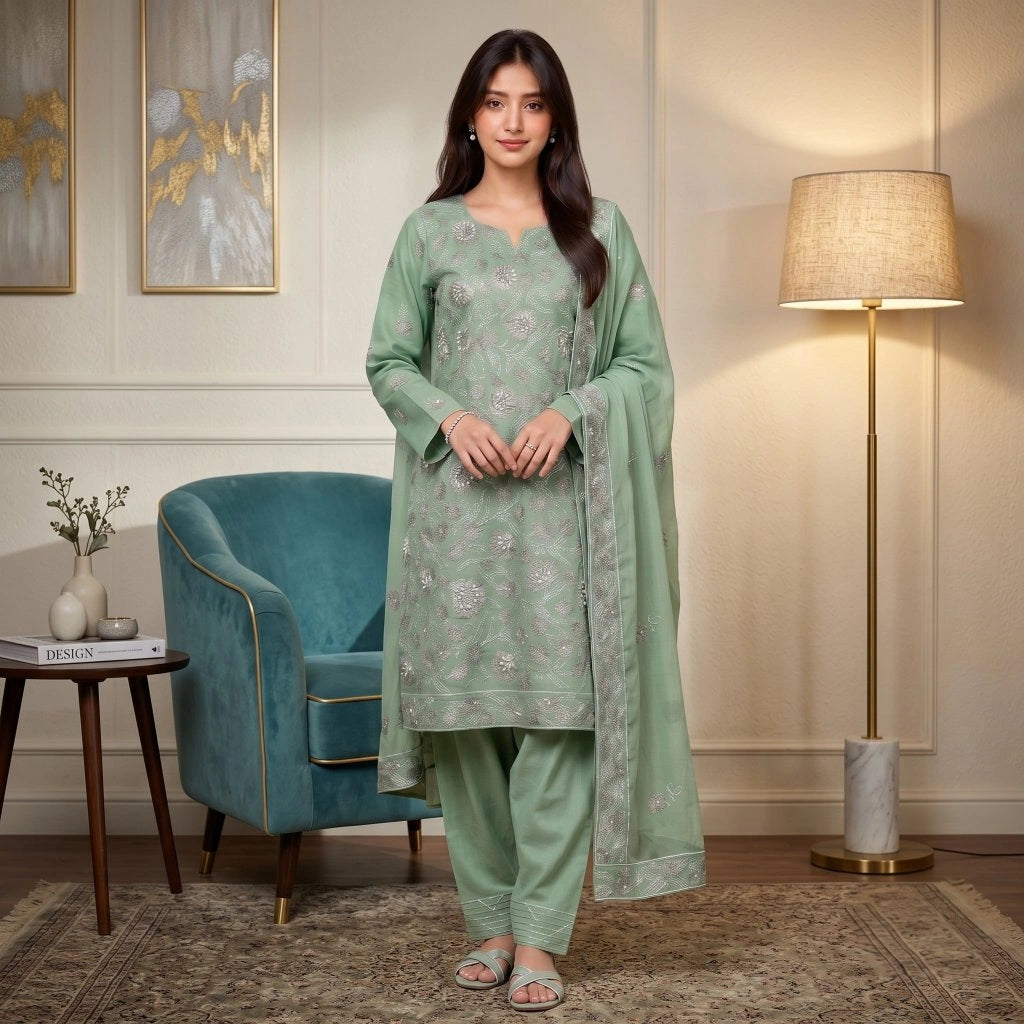 Mint Green Tilla Party Suit — 3 Piece