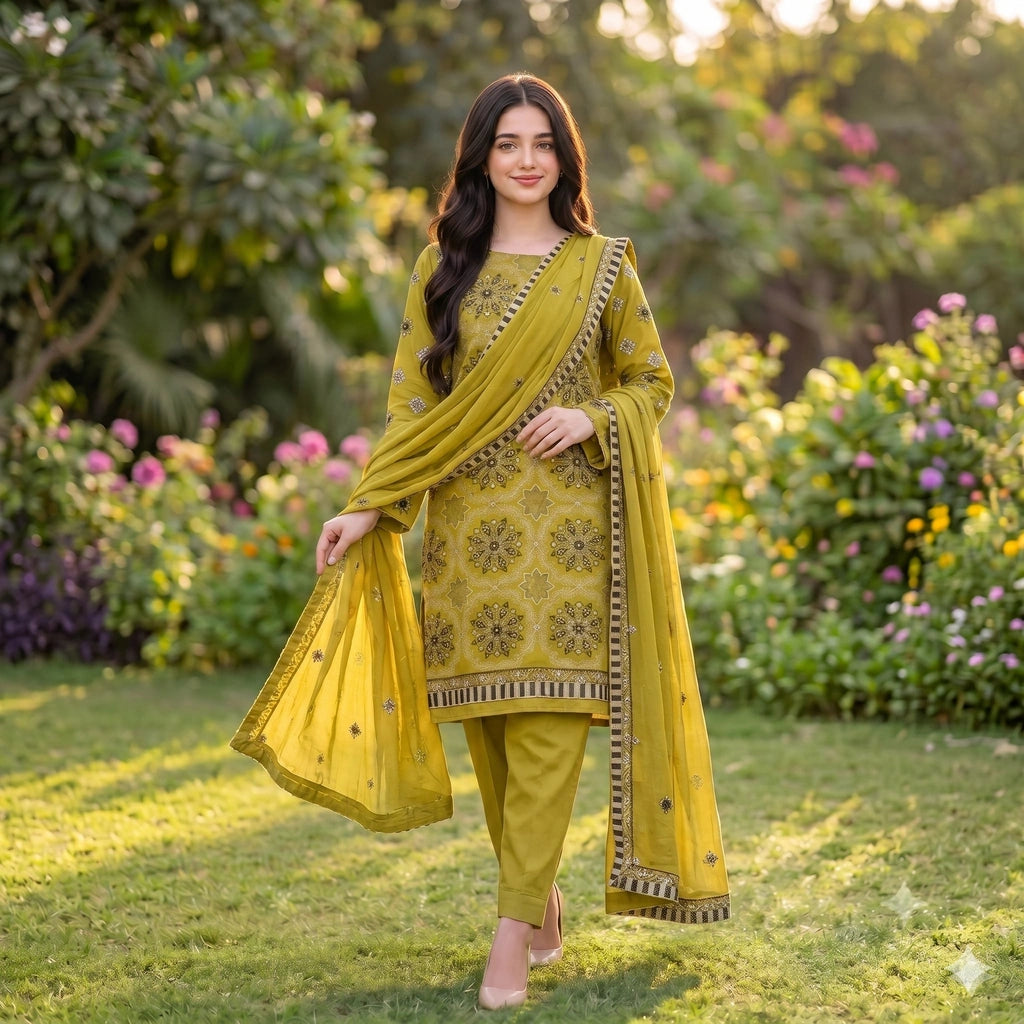 Graceful Mehndi-Green Embroidered Party Suit — 3 Piece