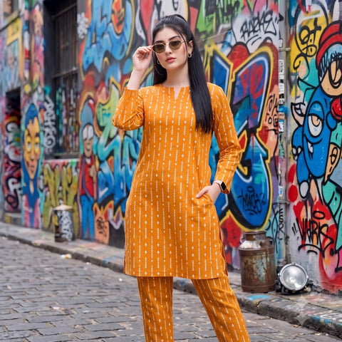 2 Pc Unstitched Digital Printed Lawn Suit - Mustard Linear Print
