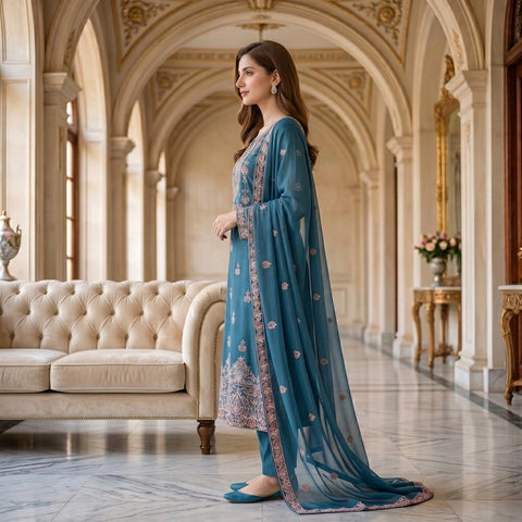 Teal Blue Embroidered Party Suit — 3 Piece