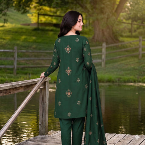 Bottle Green Embroidered Party Suit — 3 Piece