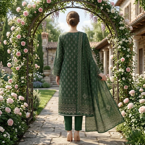 Forest Green Motif Printed Lawn — 3 Piece Unstitched