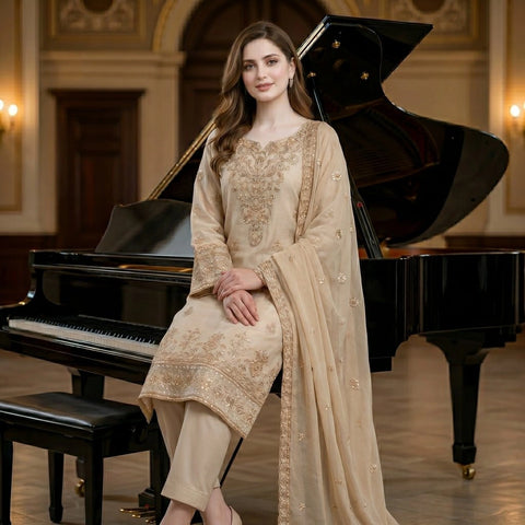 Champagne Beige Embroidered Party Suit — 3 Piece