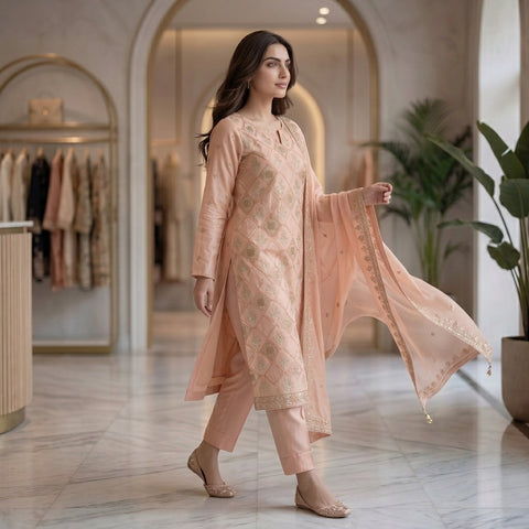 Peach Pure Lawn 3-Piece Suit | Diamond Lattice Handmade Embroidery | Laser Cut & Stone Work | Party Wear