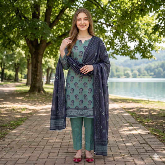 Sea Green Digital Printed Lawn 3-Piece Suit — Navy Floral Dupatta