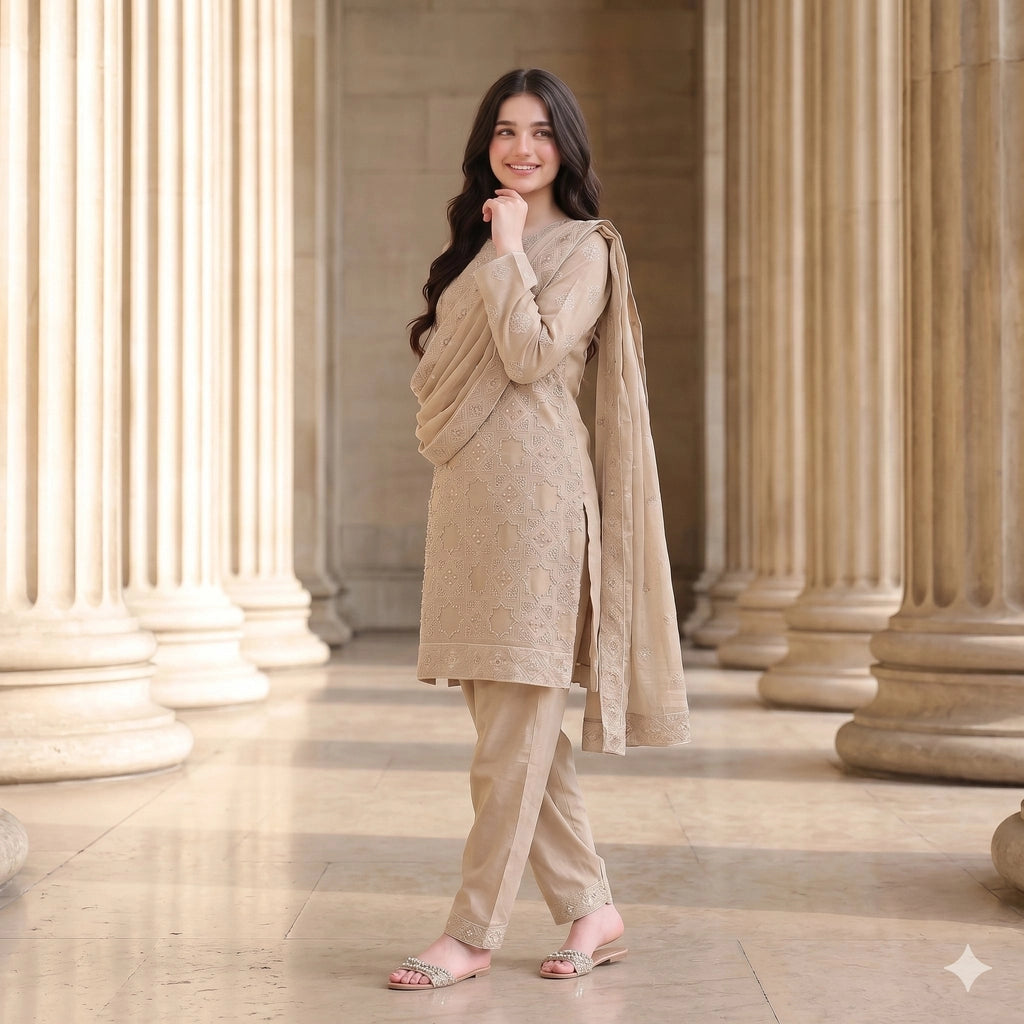 Sand Beige Embroidered Party Suit — 3 Piece