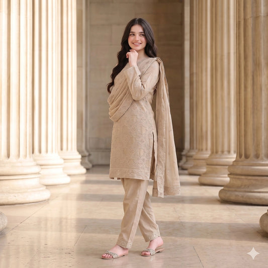 Sand Beige Embroidered Party Suit — 3 Piece