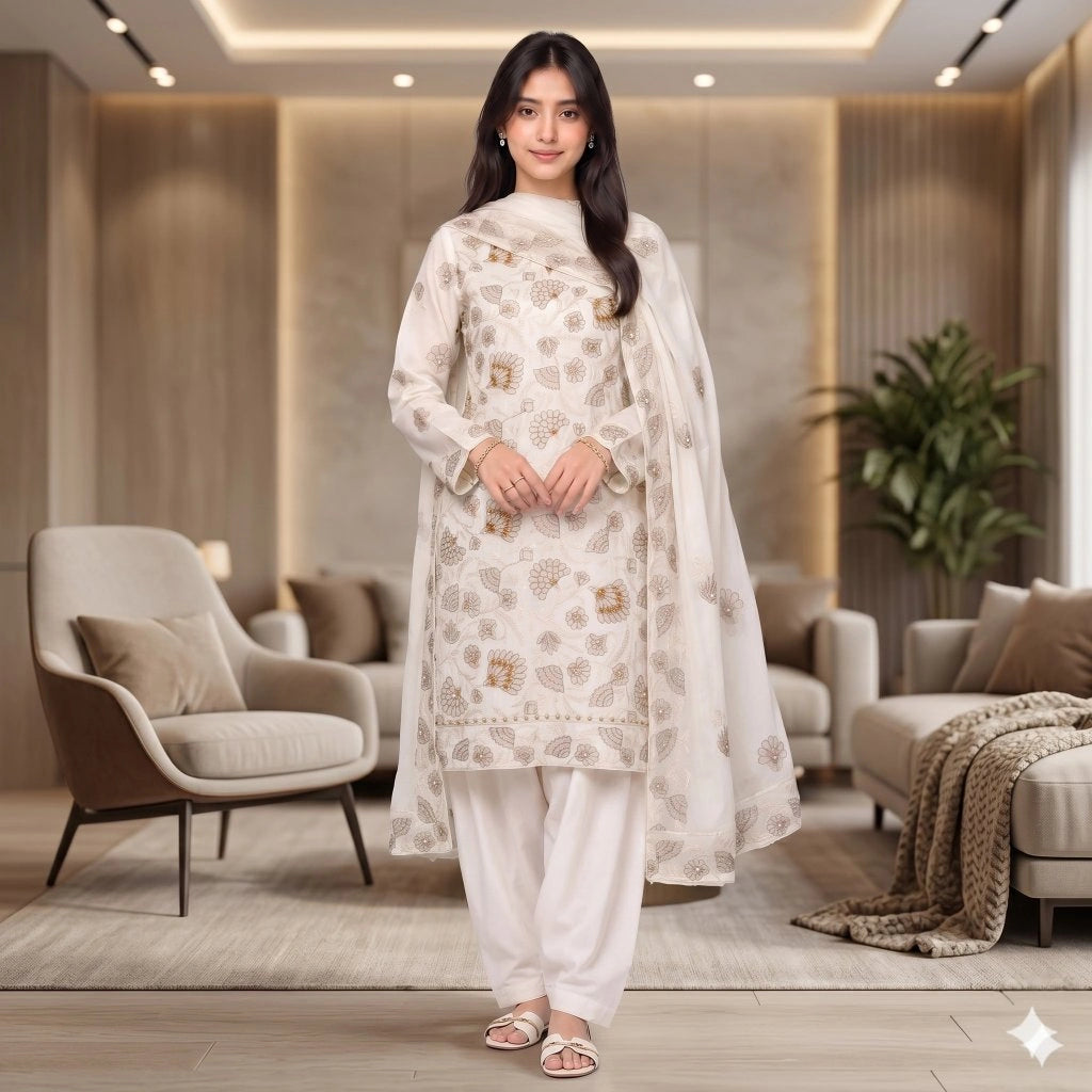 Ivory White Tilla Party Suit — 3 Piece