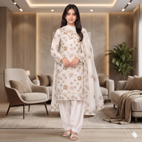 Ivory White Tilla Party Suit — 3 Piece