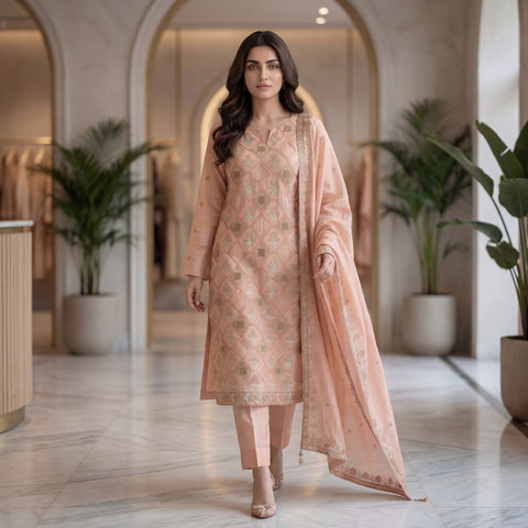 Peach Pure Lawn 3-Piece Suit | Diamond Lattice Handmade Embroidery | Laser Cut & Stone Work | Party Wear