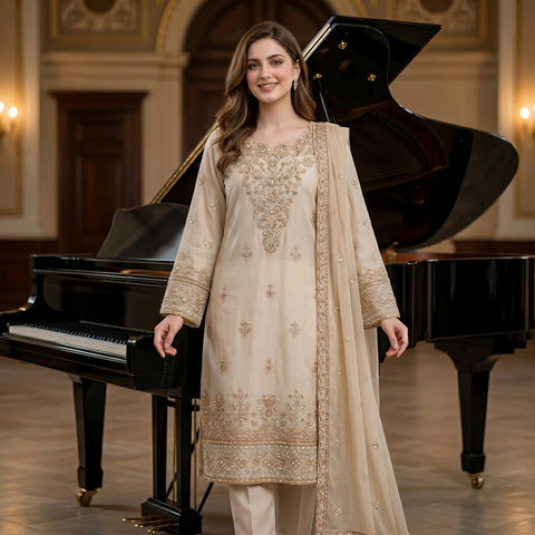 Champagne Beige Embroidered Party Suit — 3 Piece