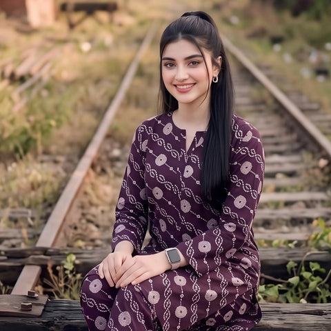 2 Pc Unstitched Digital Printed Lawn Suit - Plum Purple