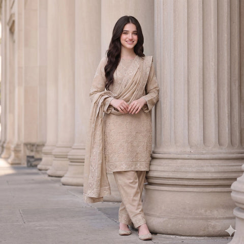 Sand Beige Embroidered Party Suit — 3 Piece