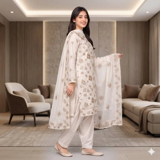 Ivory White Tilla Party Suit — 3 Piece