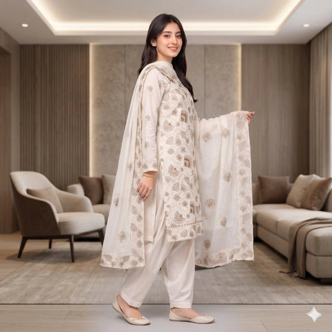 Ivory White Tilla Party Suit — 3 Piece