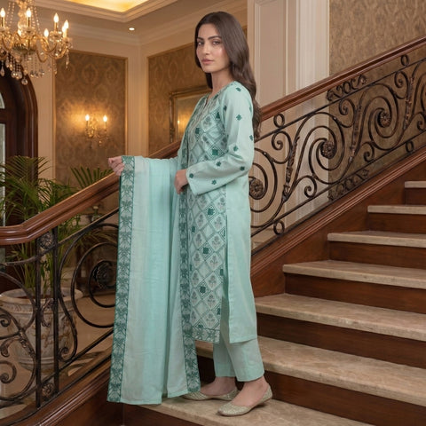 Teal Mint Pure Lawn 3-Piece Suit | Botanical Diamond Handmade Embroidery | Laser Cut & Stone Work | Party Wear