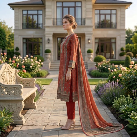 Maroon Geometric Printed Lawn — 3 Piece Unstitched