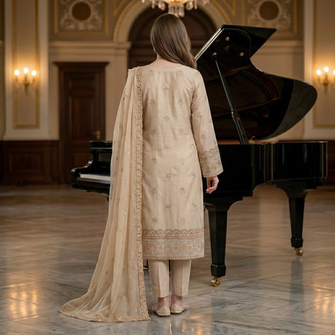 Champagne Beige Embroidered Party Suit — 3 Piece