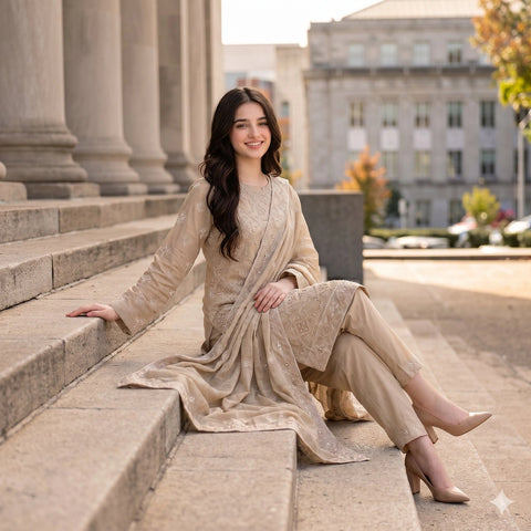 Sand Beige Embroidered Party Suit — 3 Piece