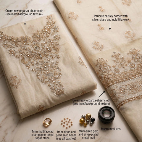 Champagne Beige Embroidered Party Suit — 3 Piece